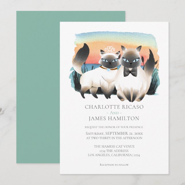 Niedliche Siamesen Cat Couple Wedding Personalisie Einladung (Vorne/Hinten)