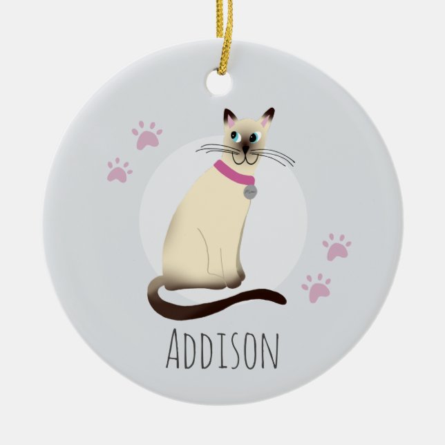 Niedliche Siamesen Katze Paw Prints Happy Holiday Keramik Ornament (Vorne)