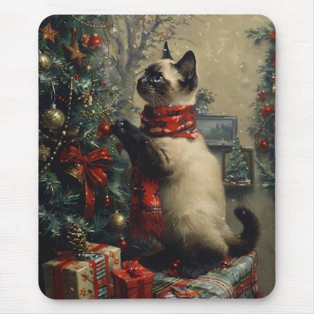 Niedliche siamesische Katze Weihnachten Vintag Mousepad (Vorne)