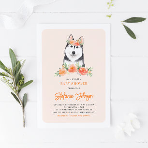Niedliche sibirische Husky Peach Floral Baby Dusch Einladung