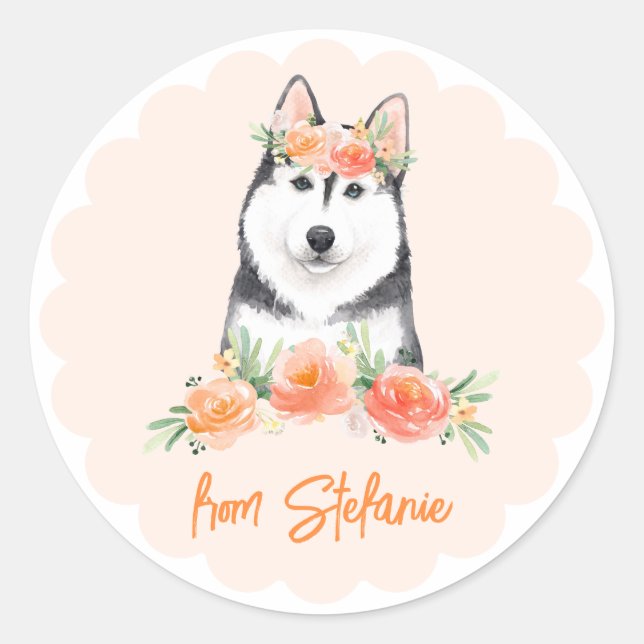 Niedliche sibirische Husky- und Peach-Blume Geburt Runder Aufkleber (Vorderseite)
