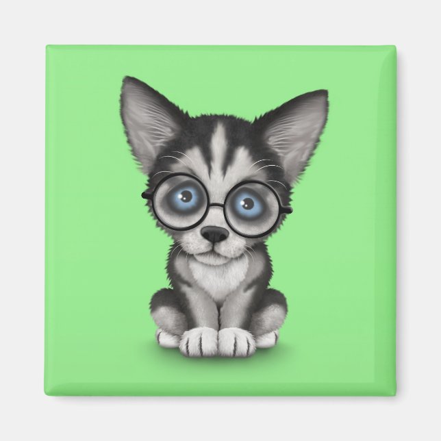 Niedliche sibirische Husky-Welpenbrille grün Magnet (Vorne)