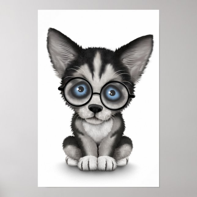 Niedliche sibirische Husky-Welpenbrille weiß Poster (Vorne)