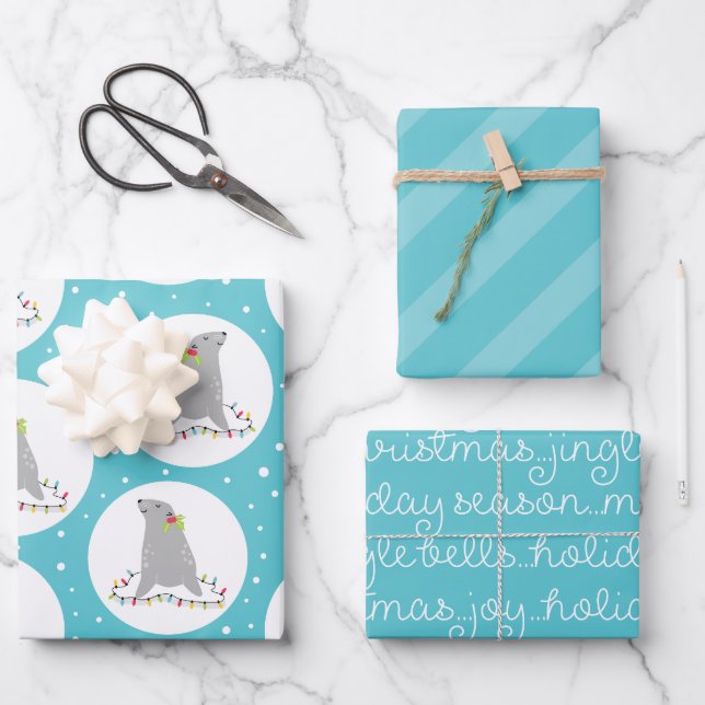 Niedliche Siegel Weihnachtswrapping Paper Sheets Geschenkpapier Set (Vorderseite)