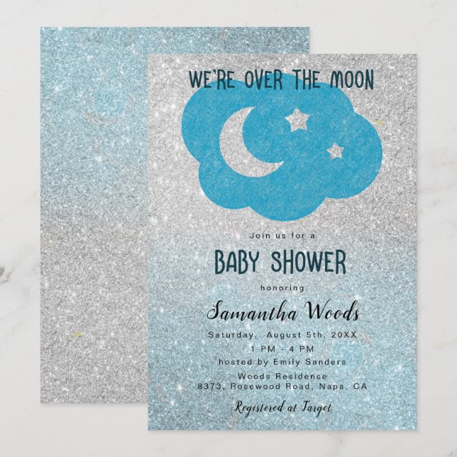 Niedliche Silver and Blue Glitzer Moon Baby Dusche Einladung (Vorne/Hinten)