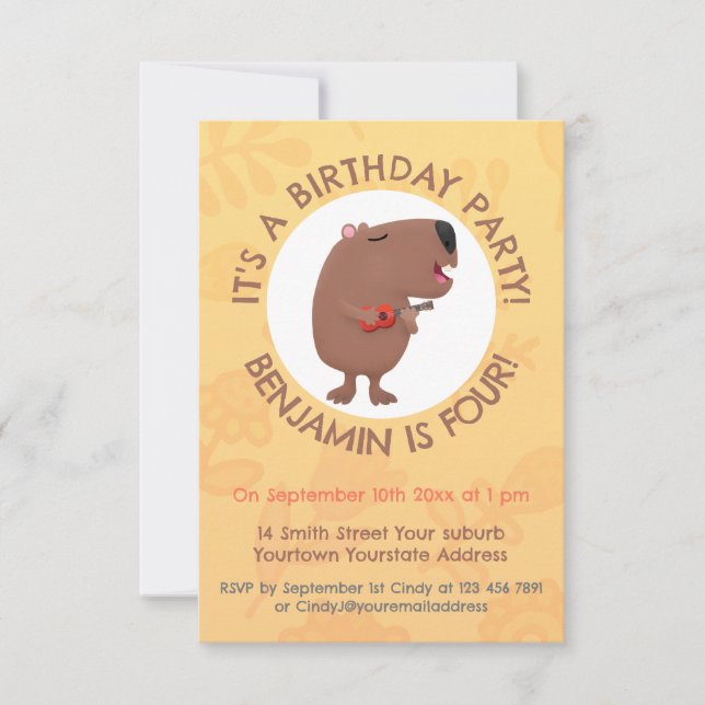 Niedliche singende Capybara ukulele Cartoon Illust Einladung (Vorderseite)