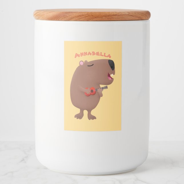 Niedliche singende Capybara ukulele Cartoon Illust Lebensmitteletikett (Vorderseite)