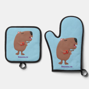 Niedliche singende Capybara ukulele Cartoon Illust Ofenhandschuh & Topflappen-Set