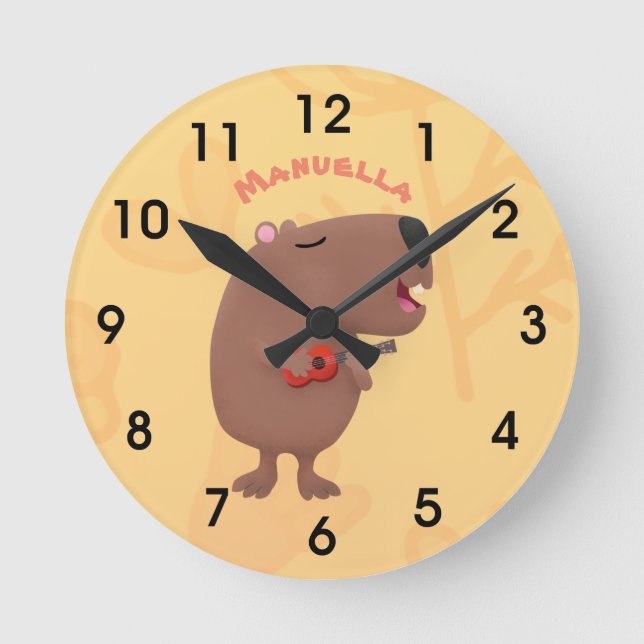 Niedliche singende Capybara ukulele Cartoon Illust Runde Wanduhr (Vorderseite)