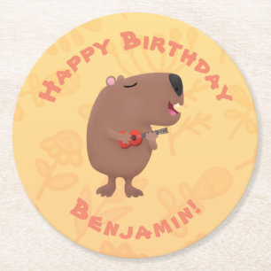 Niedliche singende Capybara ukulele Cartoon Illust Runder Pappuntersetzer