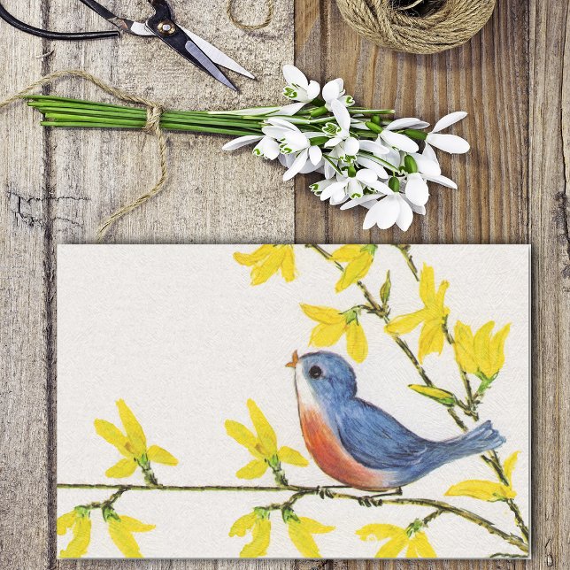 Niedliche Singing Blue Bird Tree Branch Seidenpapier (Cute singing blue red bird on branch yellow flowers on textured look white tissue wrap paper.)