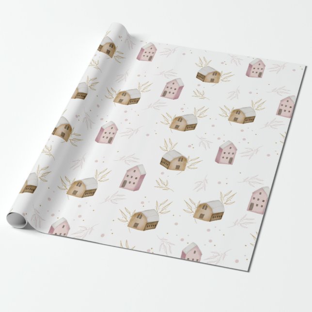 niedliche Skandinavienhäuser mit Bindepapier Geschenkpapier (Ungerollt)