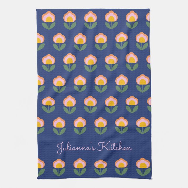 Niedliche skandinavische Blaue Blume Muster Mit Mo Geschirrtuch (Vertikal)