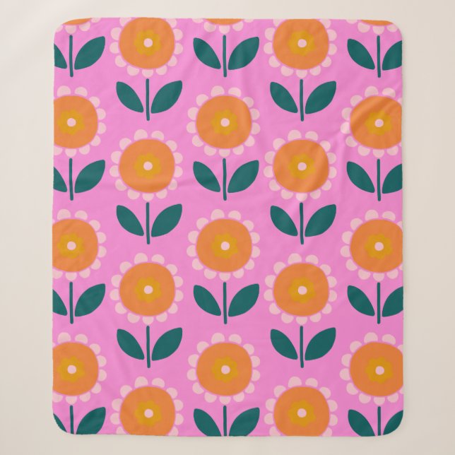 Niedliche skandinavische Blume in Rosa und Orange Sherpadecke (Vorderseite)