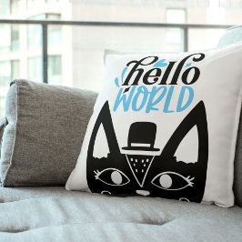 Niedliche skandinavische Katze mit der Hallo-Welt Kissen