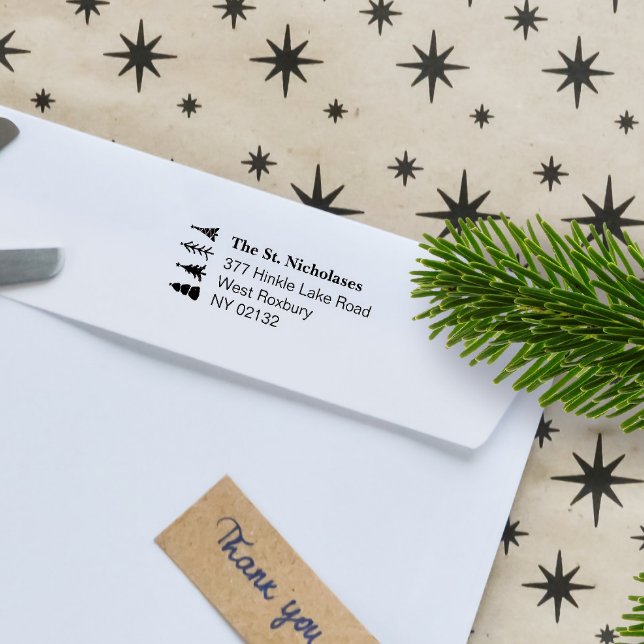 Niedliche skandinavische Rücksendeadresse Permastempel (Custom Scandinavian Christmas trees self inking stamp personalized with your address)