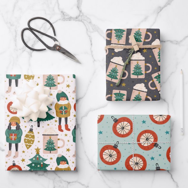 Niedliche skandinavische Weihnachtsmuster Geschenkpapier Set (Vorderseite)