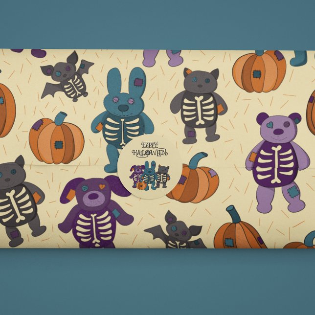 Niedliche Skeletttiere und Pumpkins Halloween Geschenkpapier (Von Creator hochgeladen)
