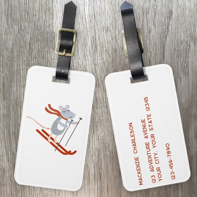Niedliche SkiMaus Gepäckanhänger (Skiing Mouse fun cute quirky personalized luggage tags)