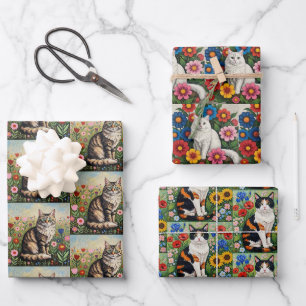 Niedliche skurrile Katzen und volkstümliche Kunstb Geschenkpapier Set