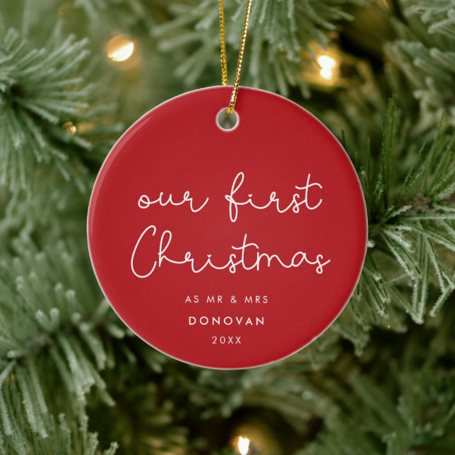 Niedliche skurrile Unser erstes Weihnachts-Rotes F Keramik Ornament (Baum)
