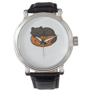 Niedliche Sleepy Black Cat an einem KürbisHallowee Armbanduhr
