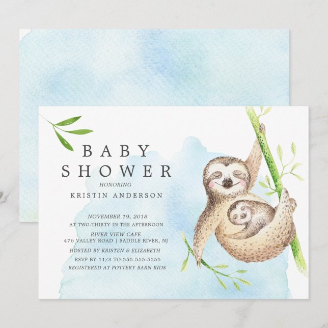 Niedliche Sloth Baby Dusche Einladung (Vorne/Hinten)