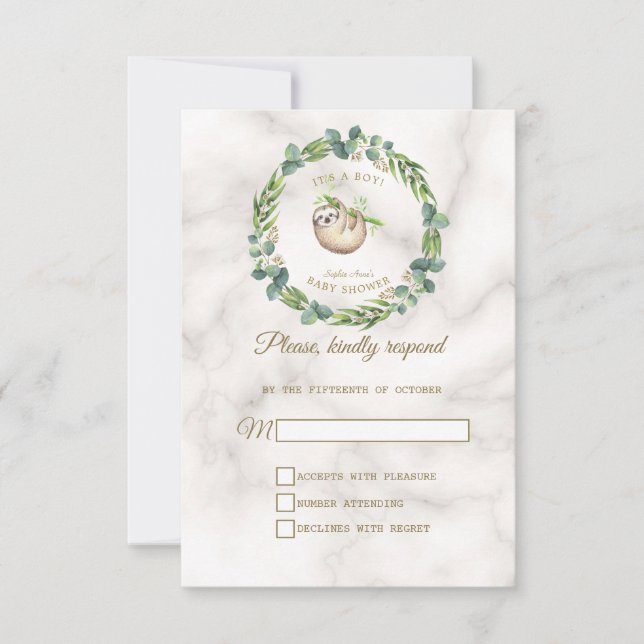 Niedliche Sloth Eucalyptus Wreath Baby Dusche RSVP Karte (Vorderseite)