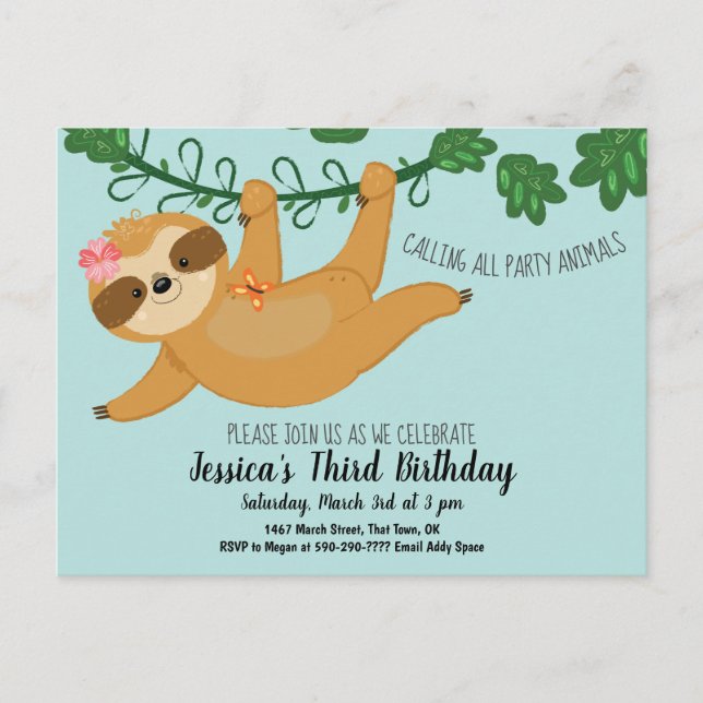 Niedliche Sloth Girls Geburtstagsparty Einladung Postkarte (Vorderseite)