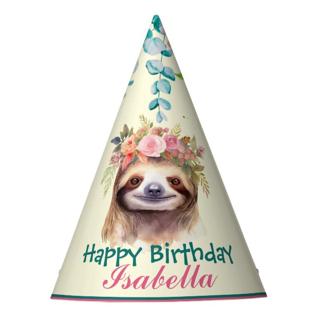 niedliche Sloth Safari Tiere Dschungel Blume Gebur Partyhütchen (Vorderseite)