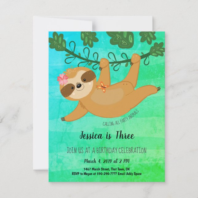 Niedliche Sloth Tropical Girly Birthday Party Einladung (Vorderseite)