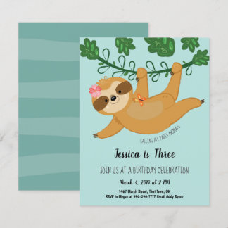 Niedliche Sloth Tropical Girly Birthday Party Einladung