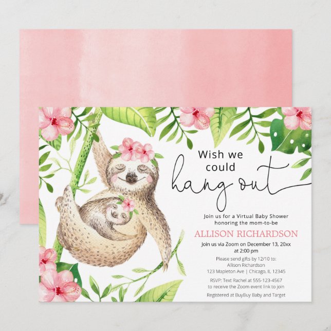 Niedliche Sloth Virtual Babydusche Rosa Tropenmädc Einladung (Vorne/Hinten)