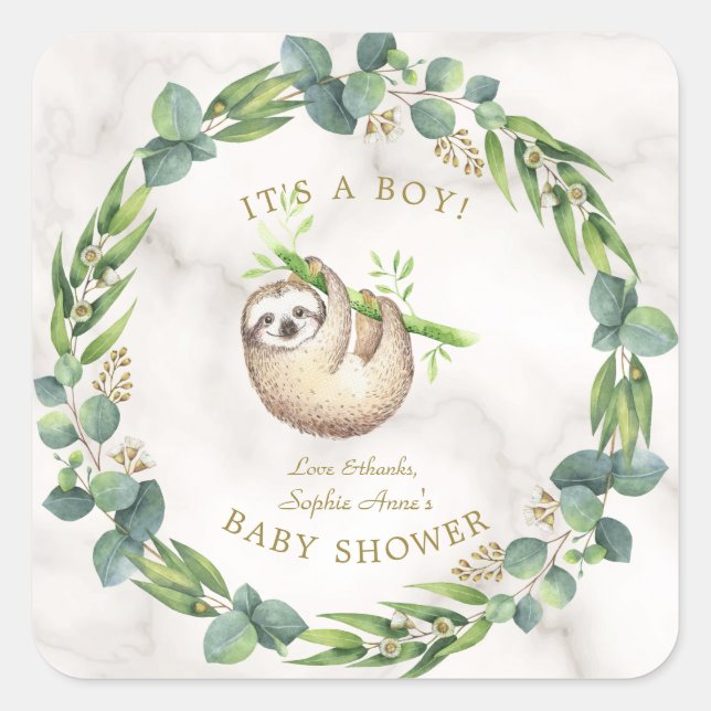Niedliche Sloths Eucalyptus Wreath Baby Dusche Quadratischer Aufkleber (Vorderseite)