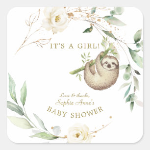 Niedliche Sloths Floral Greenery Girl Baby Shower  Quadratischer Aufkleber