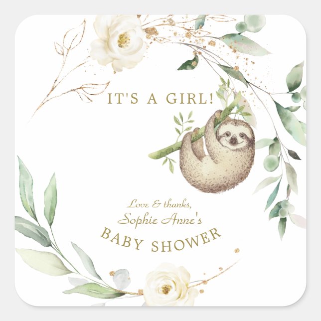 Niedliche Sloths Floral Greenery Girl Baby Shower  Quadratischer Aufkleber (Vorderseite)