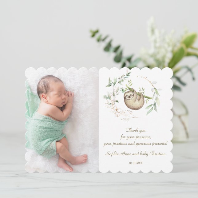Niedliche Sloths Greenery Gold Baby Dusche Dankeskarte (Stehend Vorderseite)
