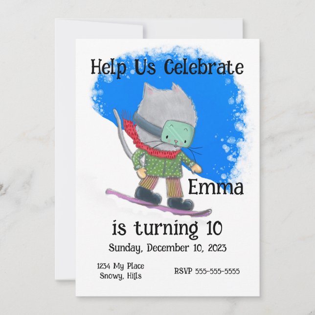 Niedliche Snowboarde Katze Geburtstag, personalisi Einladung (Vorderseite)