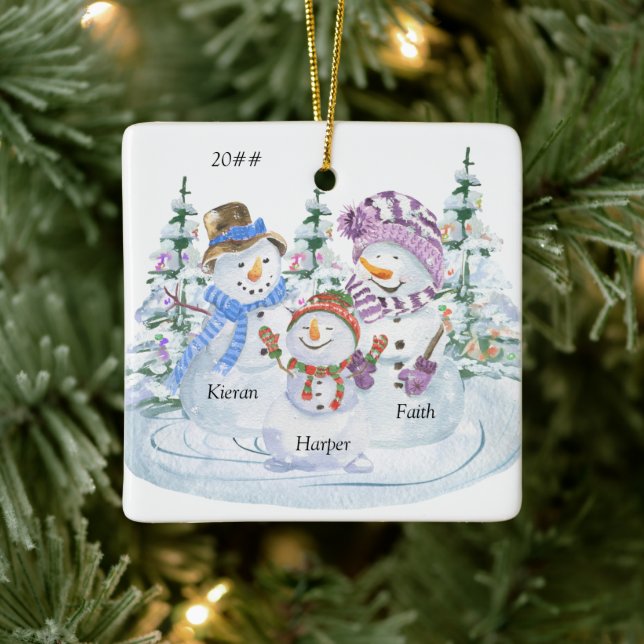 Niedliche Snowman-Familie von 3 Personalisierten W Keramikornament (Baum)