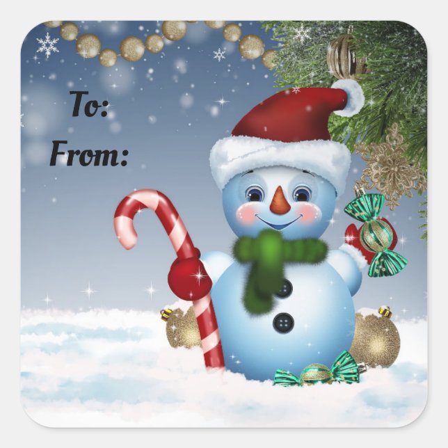 Niedliche Snowman-Geschenkklammer Quadratischer Aufkleber (Vorderseite)