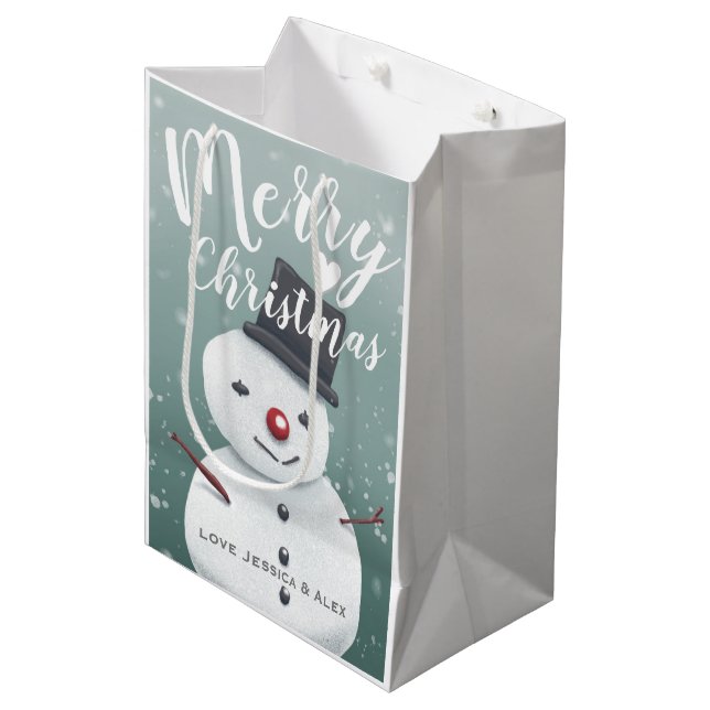 Niedliche Snowman Illustration Winterweihnachtskun Mittlere Geschenktüte (Vorderseite Schrägansicht)
