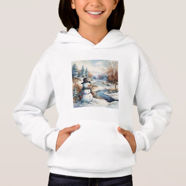 Niedliche Snowman River Winter Log Kabine Hoodie (Vorderseite)