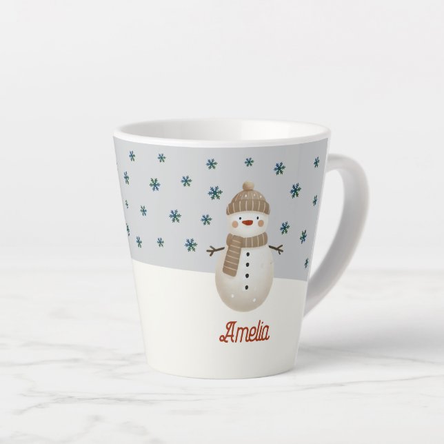 Niedliche Snowman Snowflakes Zeichnend Name Weihna Milchtasse (Rechte Ecke)