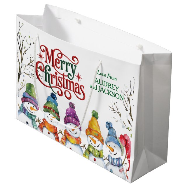 Niedliche Snowmen Frohe Weihnachten Große Geschenktüte (Vorderseite Schrägansicht)
