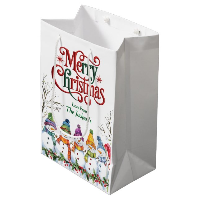 Niedliche Snowmen Frohe Weihnachten Mittlere Geschenktüte (Vorderseite Schrägansicht)