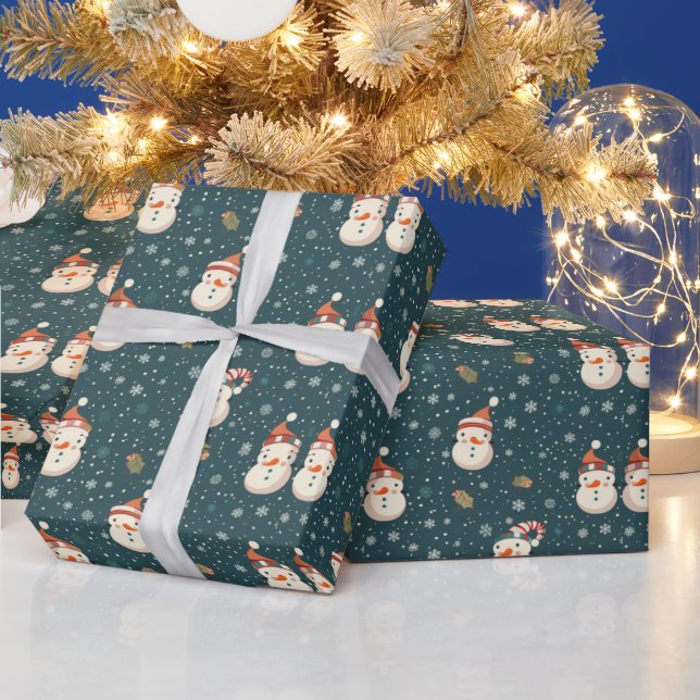 Niedliche Snowmen Schneeflocken Weihnachten Grün Geschenkpapier (Feiertage)