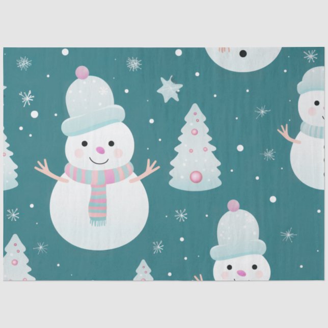 Niedliche Snowmen Schneeflocken Weihnachten Grün Seidenpapier (Vorderseite)