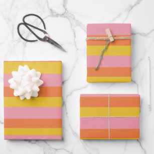 Niedliche Sommerstreifen in rosa Gelborange  Geschenkpapier Set
