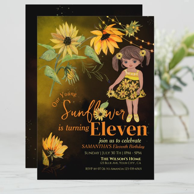 Niedliche Sonnenblume Wasserfarben Girl Black Gebu Einladung (Cute Sunflower Watercolor Girl Black Birthday Invitation)