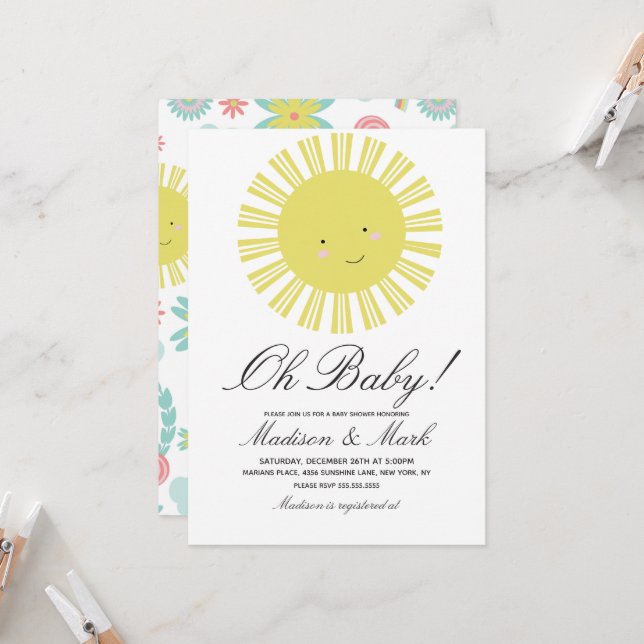 Niedliche Sonnenblumen-Babydusche Einladung (Vorderseite/Rückseite Beispiel)